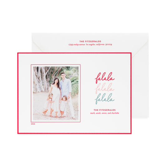 falala custom holiday card with red pink and green text and photo