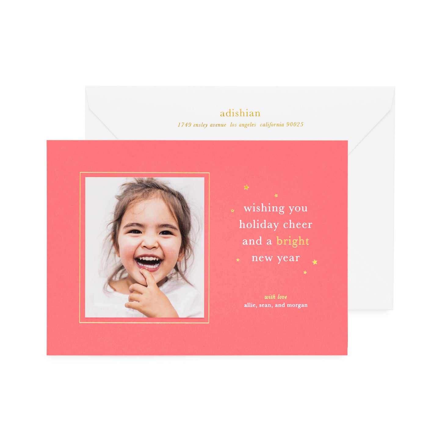 Coral Pink holiday photo card with white and gold foil printed "wishing you holiday cheer and a bright new year."