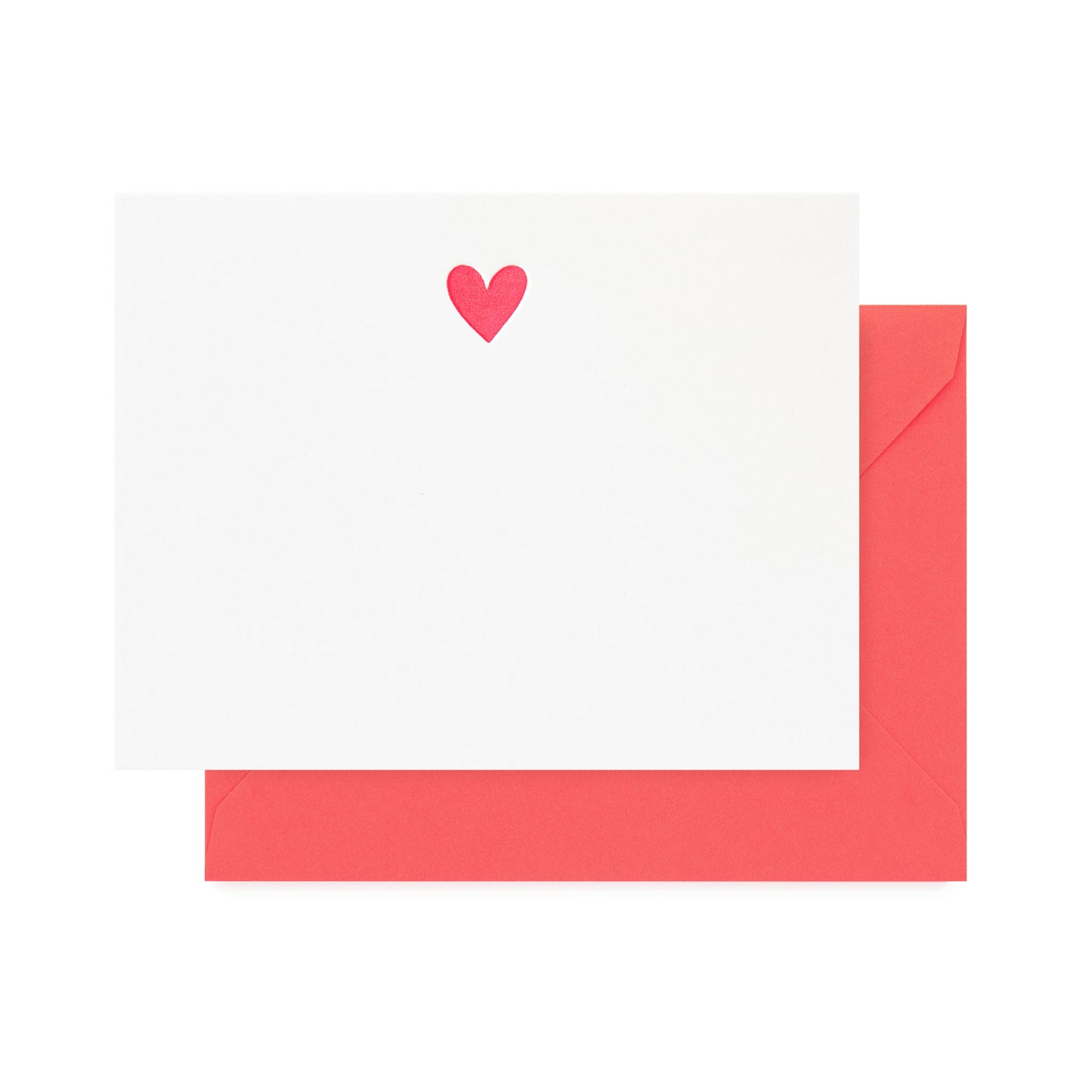 A notecard with a neon pink heart design and a neon pink envelope.