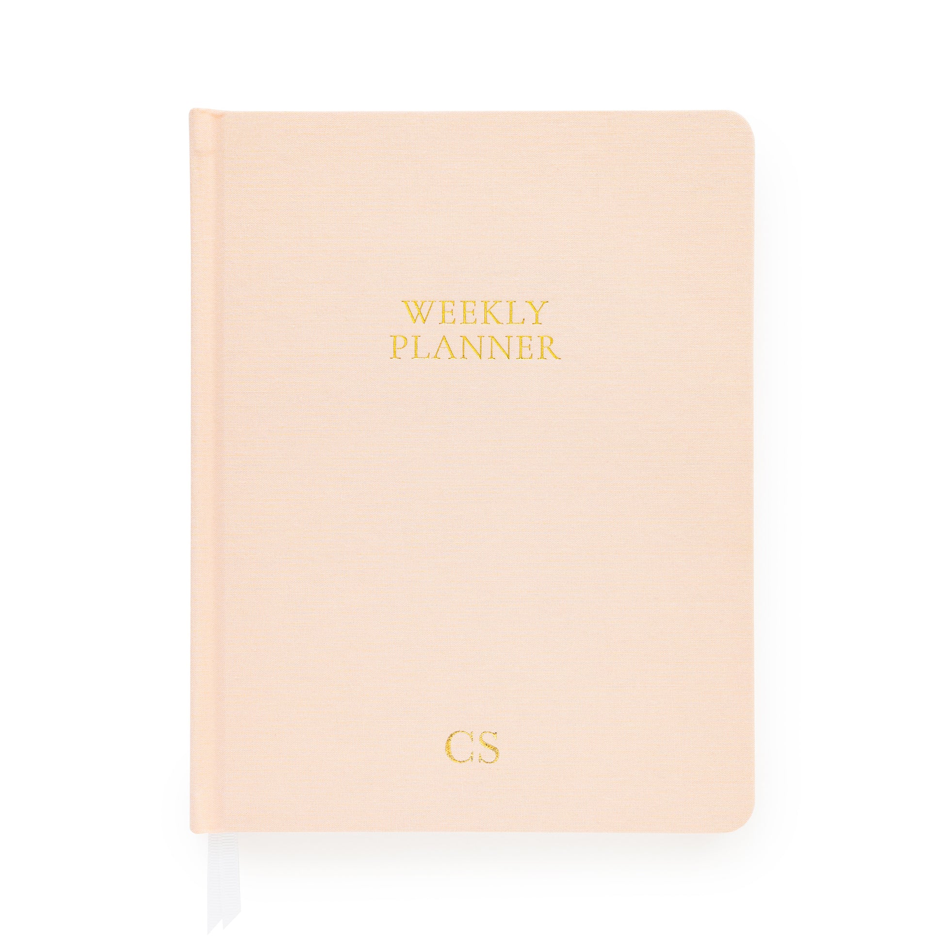 Pale pink weekly planner with gold foil initials