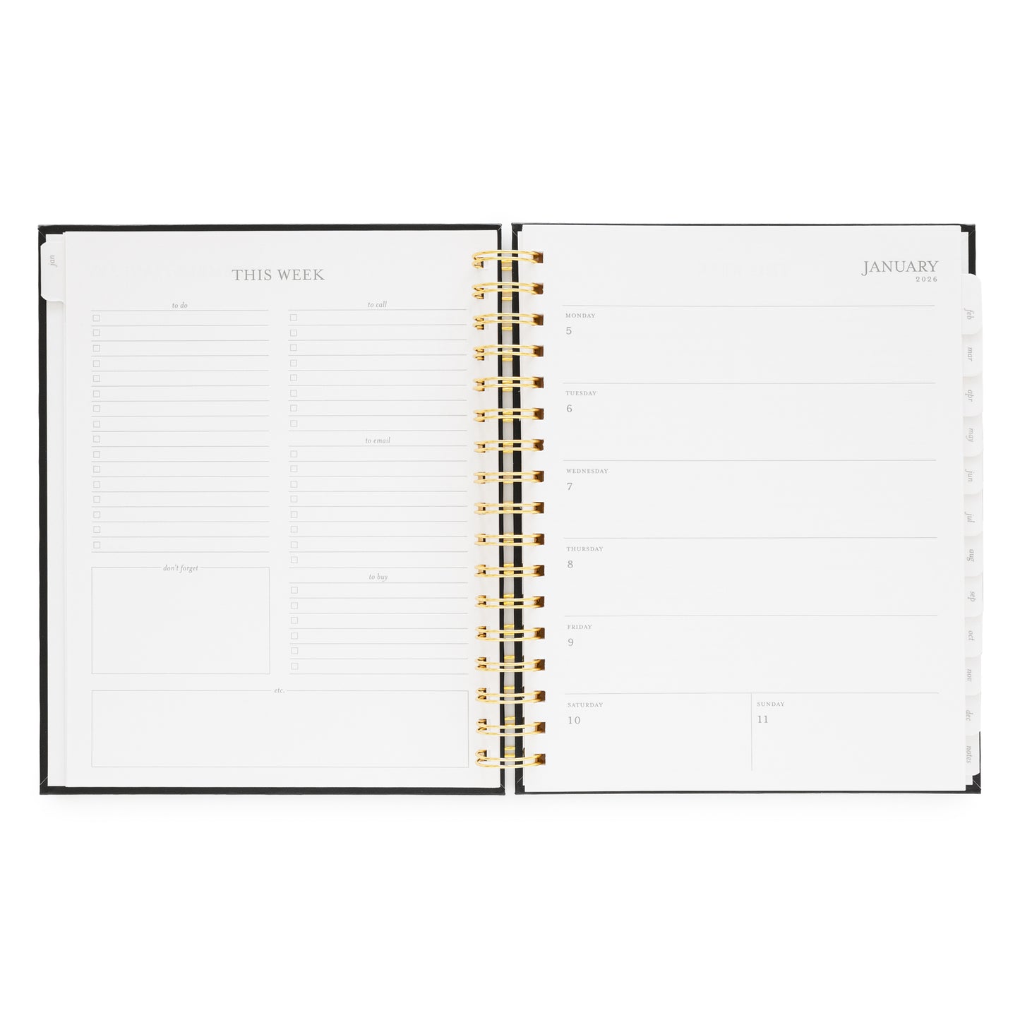 Open planner showing weekly layout for January 2026 with weekly to do lists and space for each day of the week