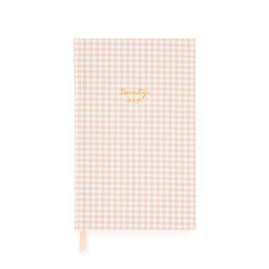 Pink and white gingham fabric planner with twenty six foil stamped on the cover