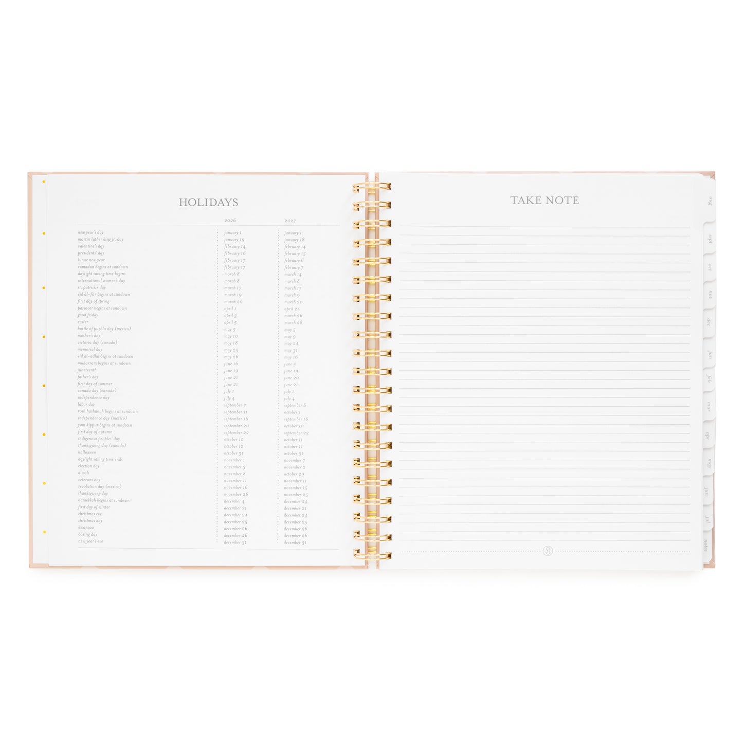 Open spiral planner with holiday layout for 2026 + 2027 calendars and take note with lined notes on the right