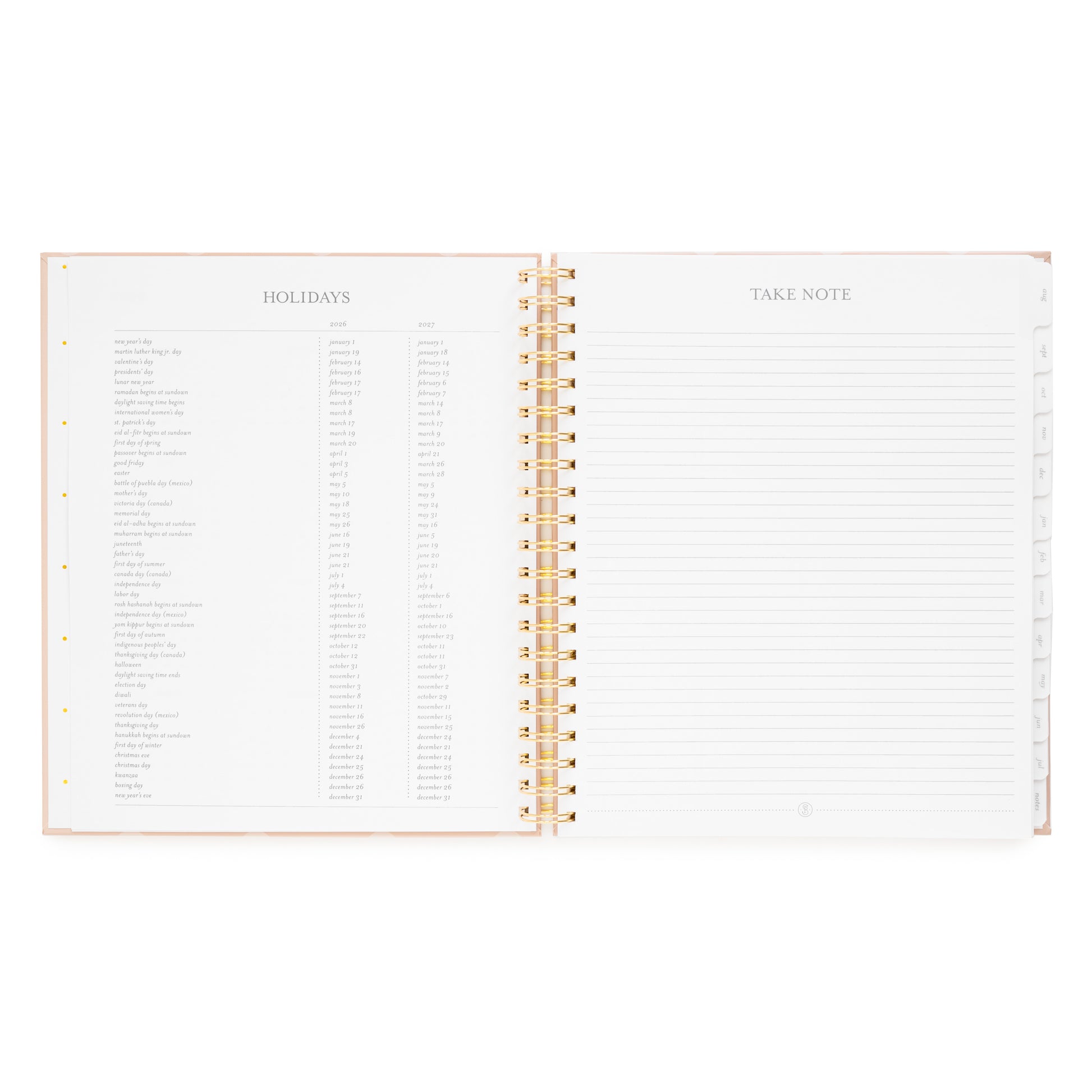 Open spiral planner with holiday layout for 2026 + 2027 calendars and take note with lined notes on the right