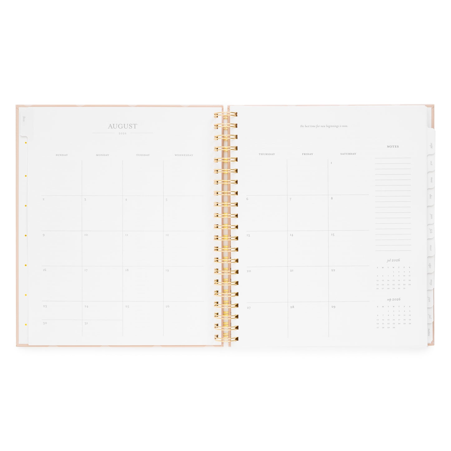 Open spiral planner layout with monthly grid for August 2026 with inspirational quote and notes on the right