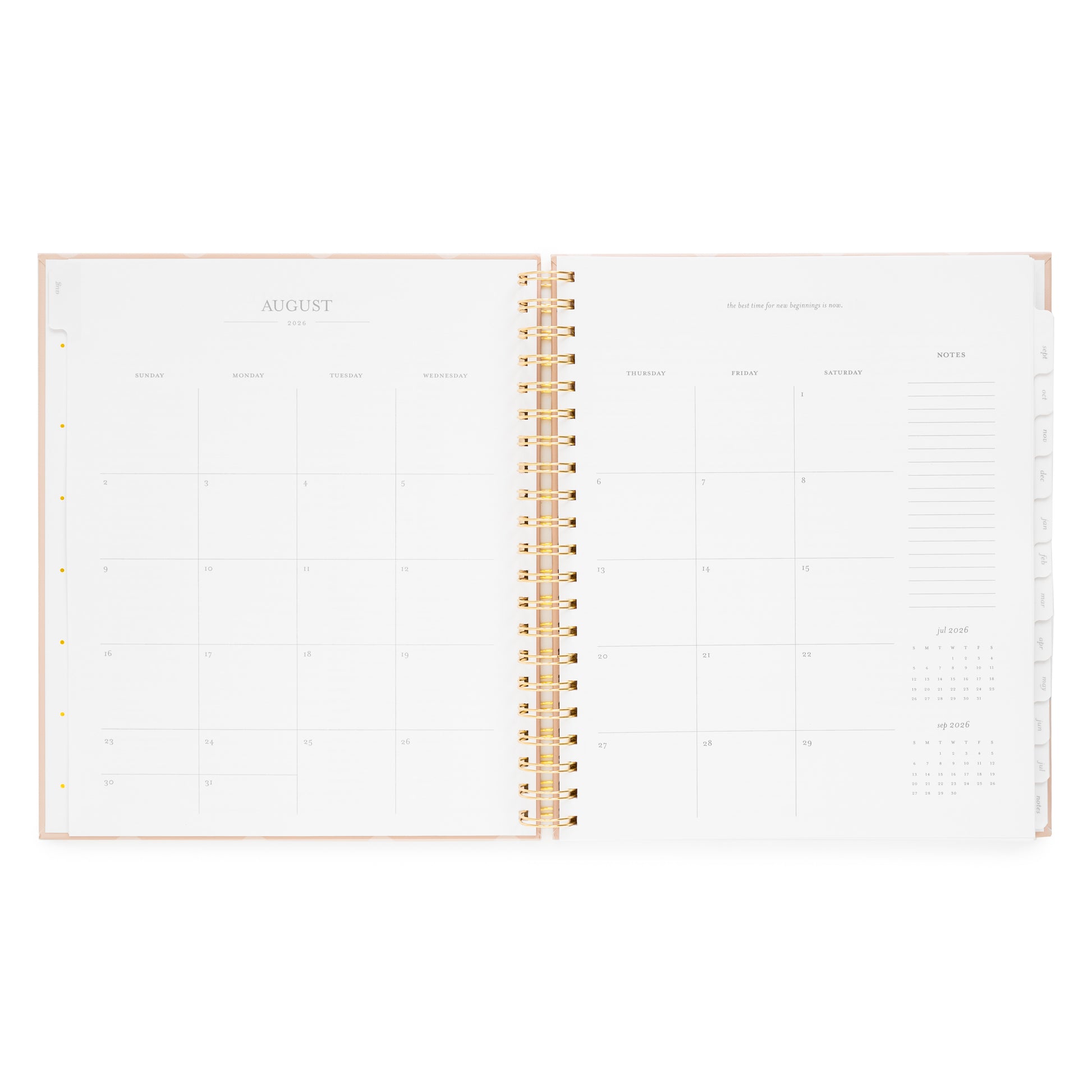 Open spiral planner layout with monthly grid for August 2026 with inspirational quote and notes on the right