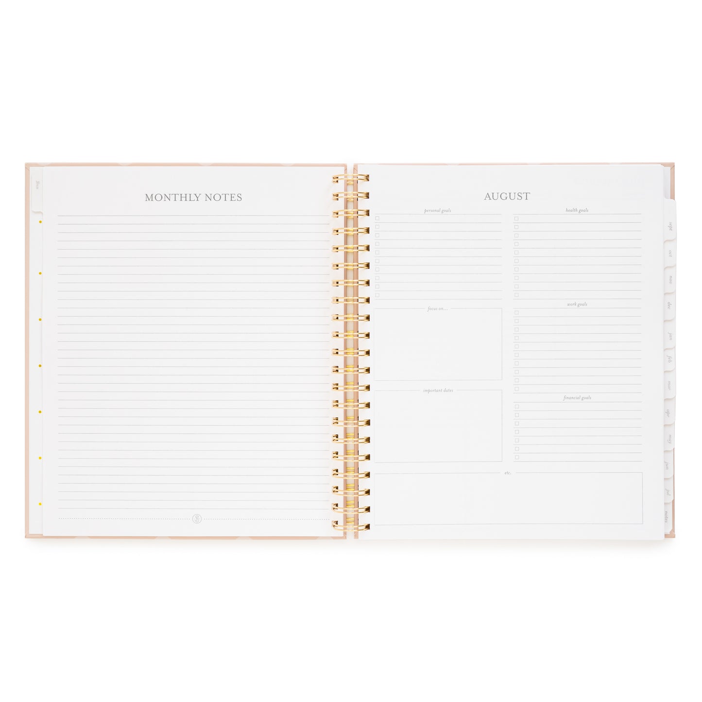 Open spiral planner layout with monthly notes on the left and august monthly guided prompts on the right with 'personal goals, health goals, focus on, work goals, financial goals, and important dates'