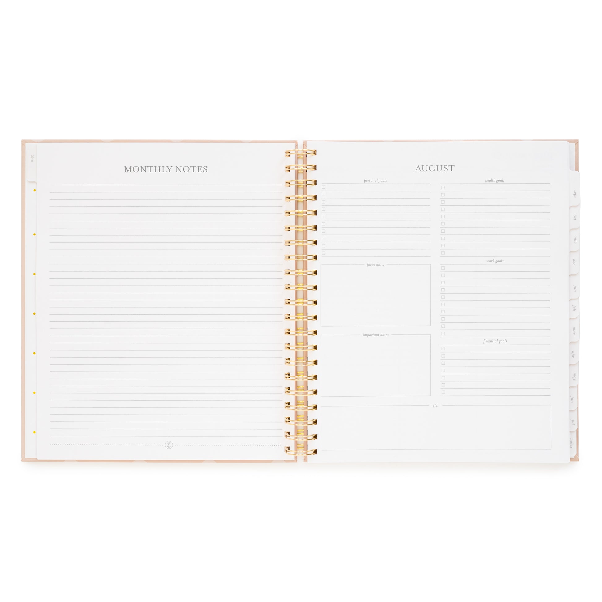 Open spiral planner layout with monthly notes on the left and august monthly guided prompts on the right with 'personal goals, health goals, focus on, work goals, financial goals, and important dates'