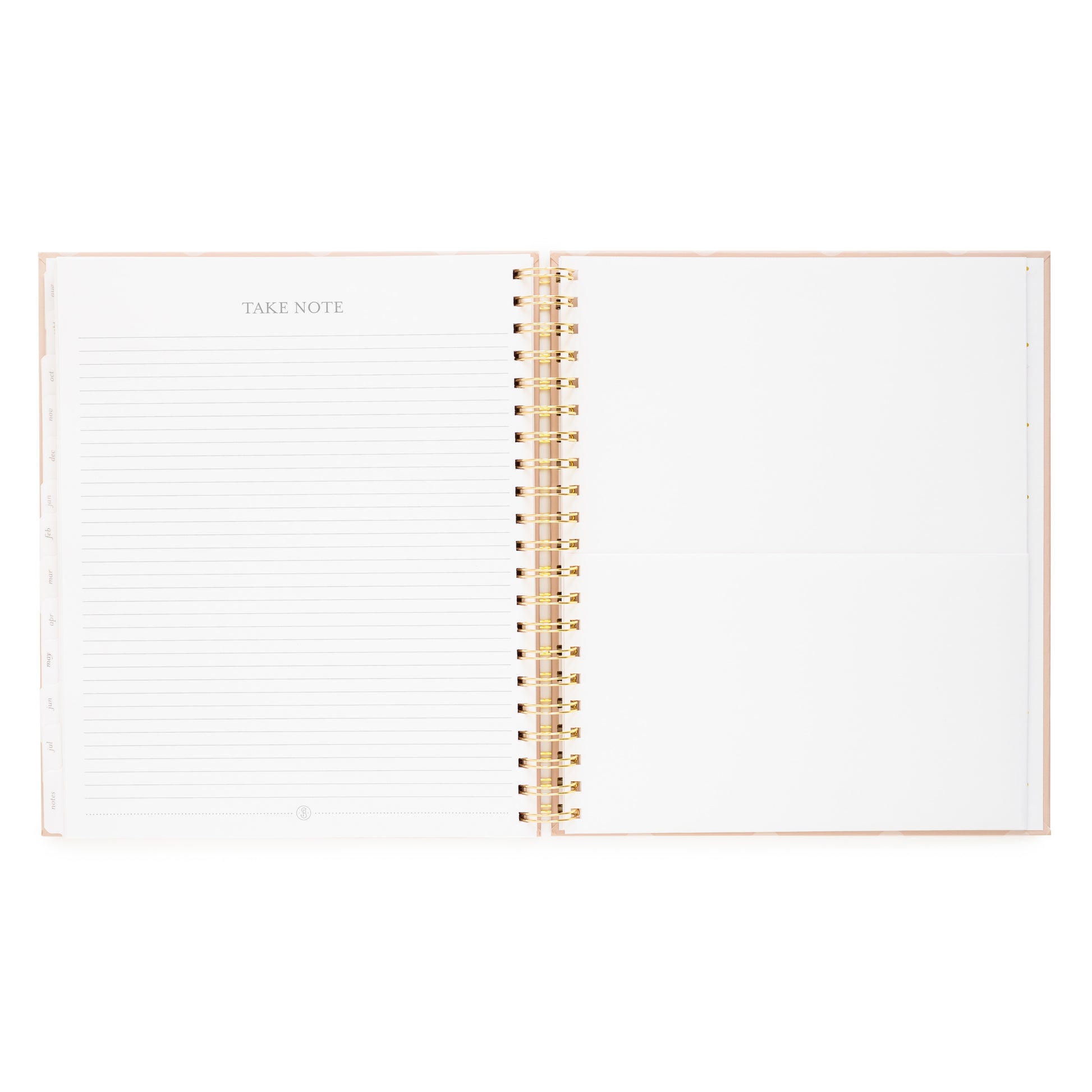 Open spiral planner with take note page on the left and pocket on the right