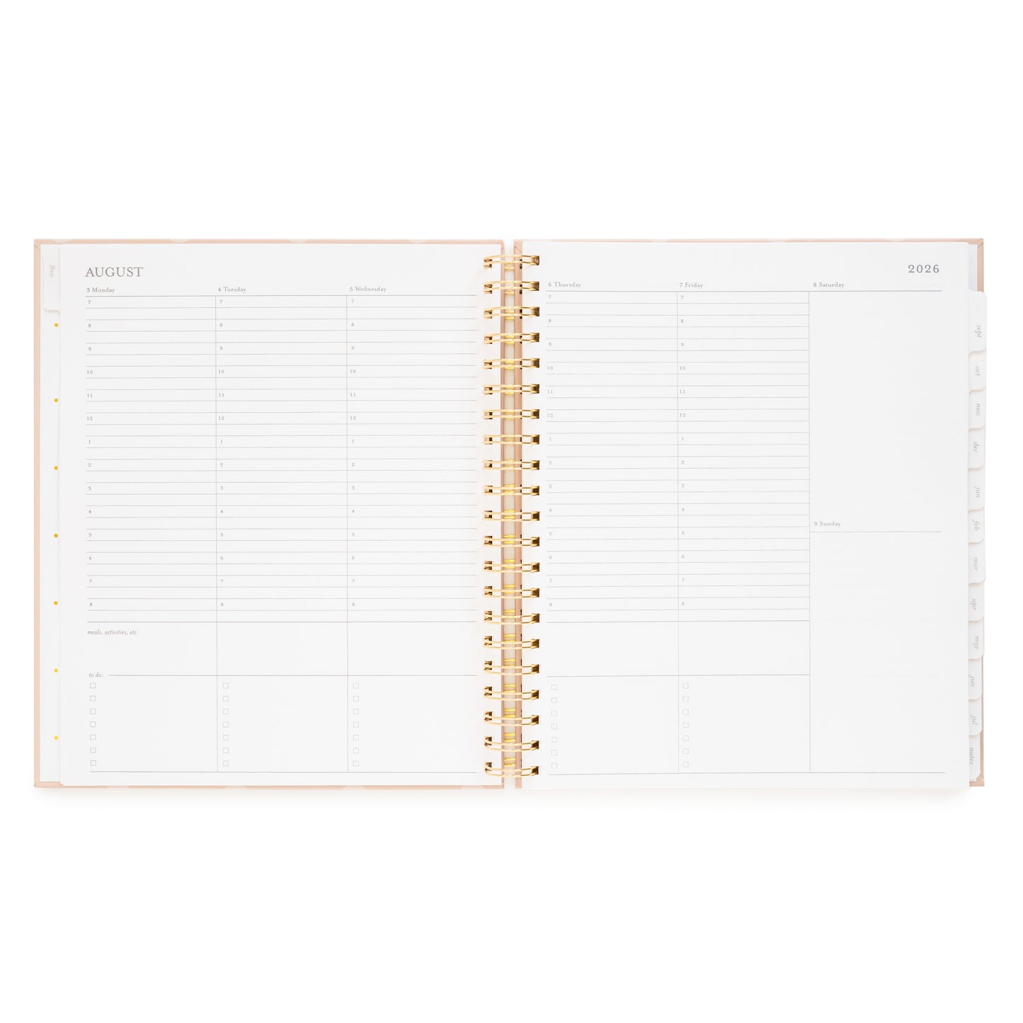 Weekly layout of spiral academic planner with hourly slots for each week day and blank spaces for saturday and sunday