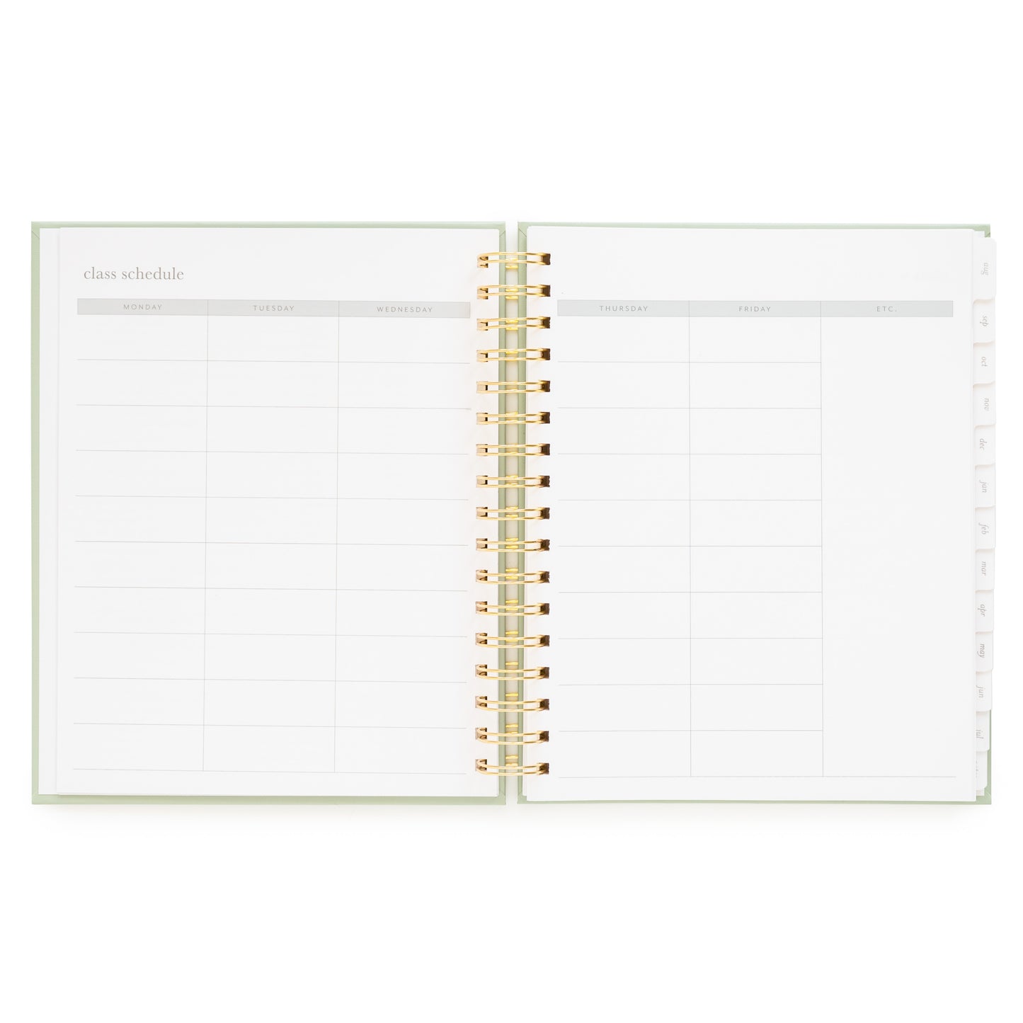 Weekly class schedule with space for each weekday of the week in the academic student planner