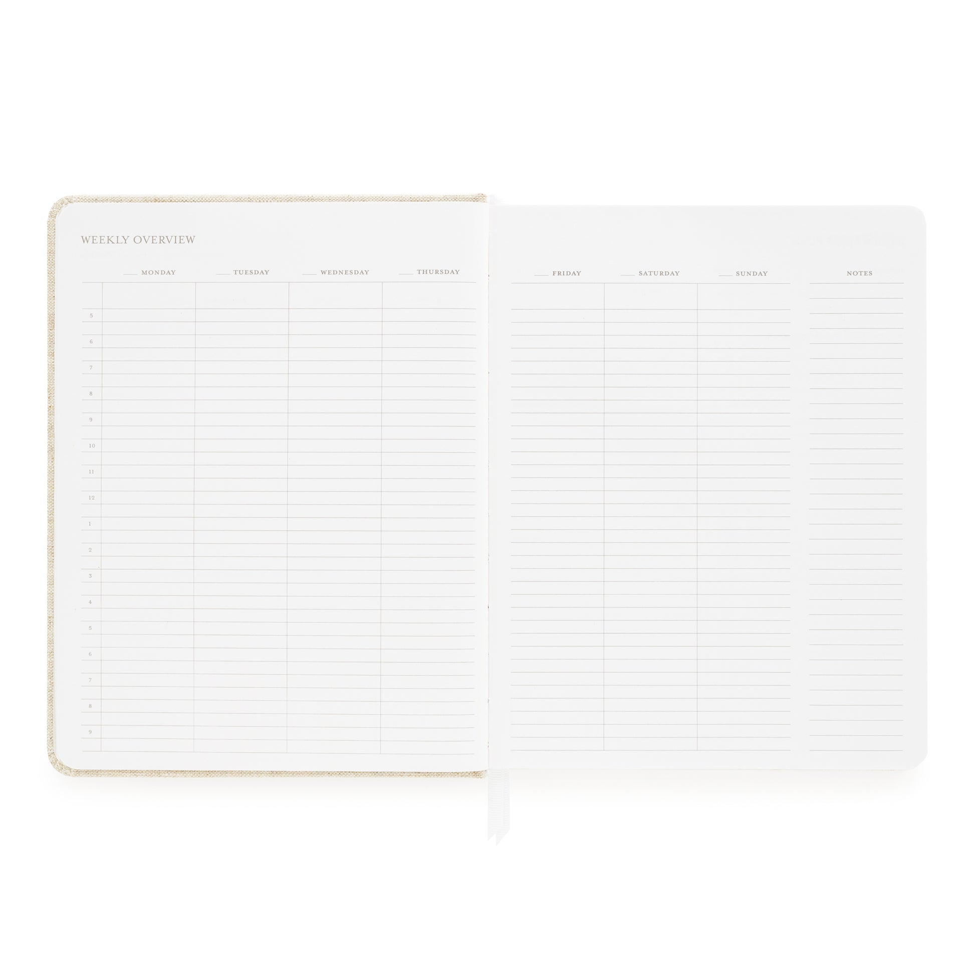 Weekly overview grid with space for each day of the week with timed hour slots