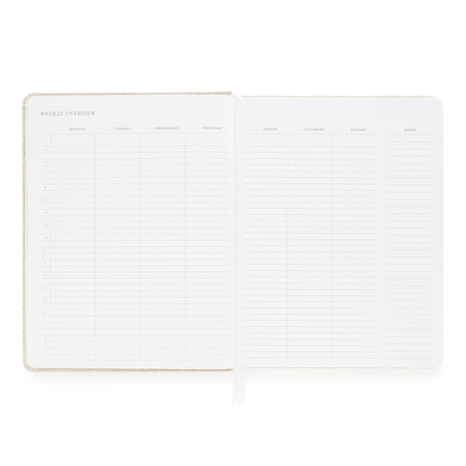 Weekly overview with space for each day of the week and hourly timed slots