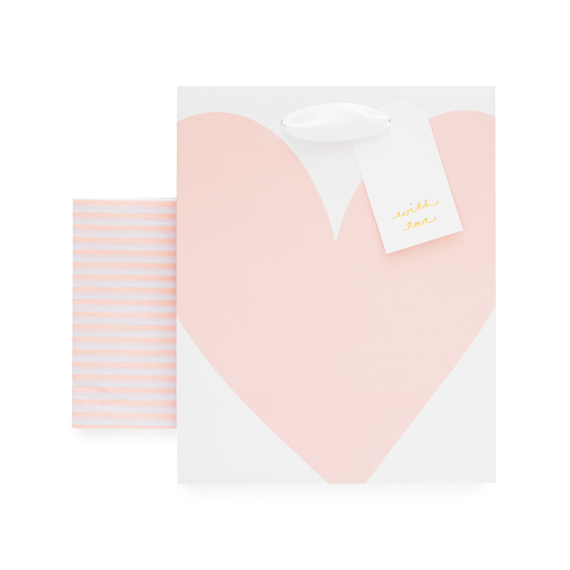 White gift bag with pale pink heart pattern with pink and white tissue paper and a gift tag with gold foil 'with love'