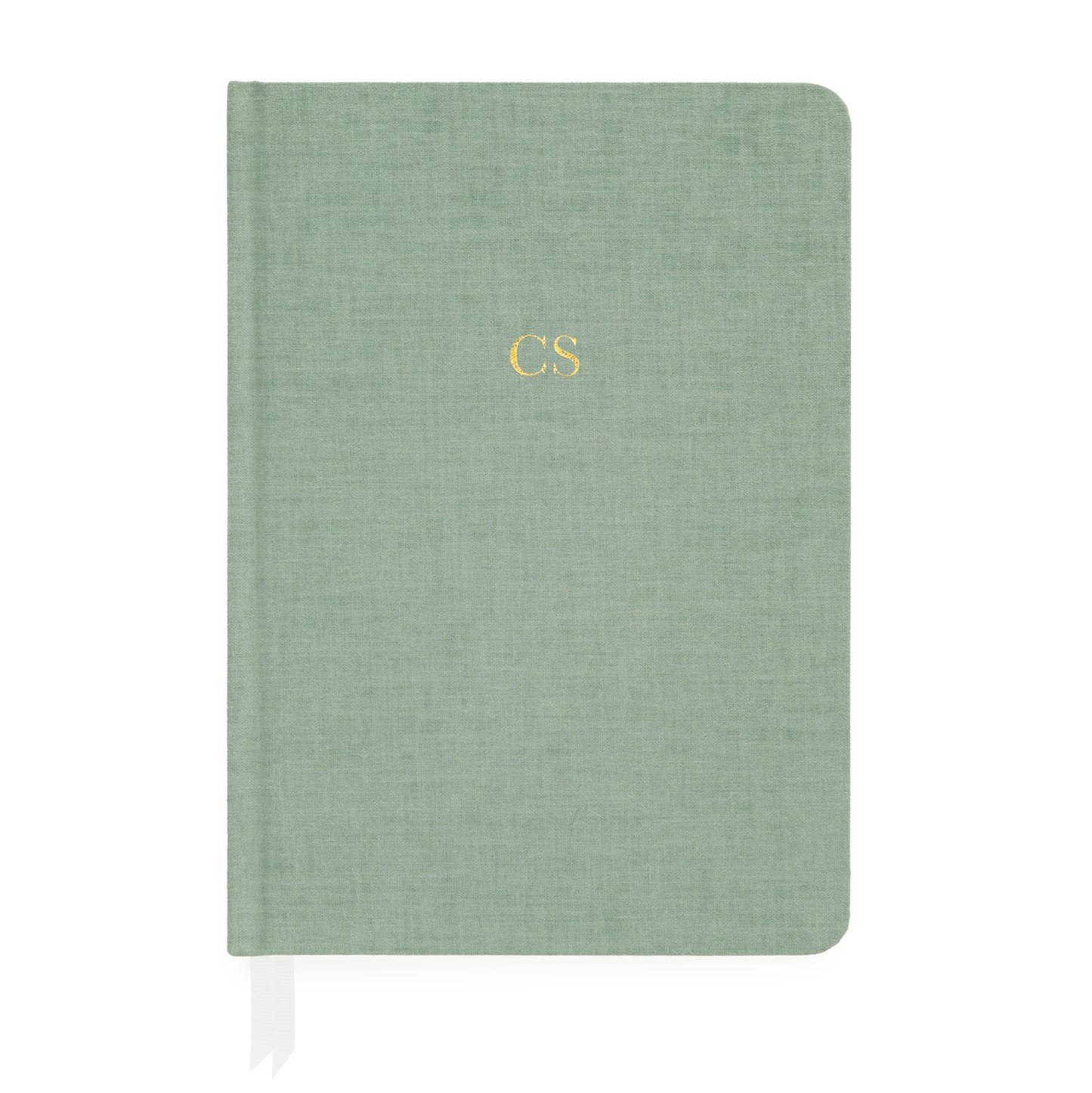 Sage green fabric journal with white ribbon markers foil stamped with gold initials