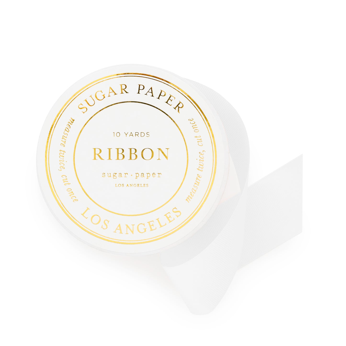 white ribbon spool with gold foil details