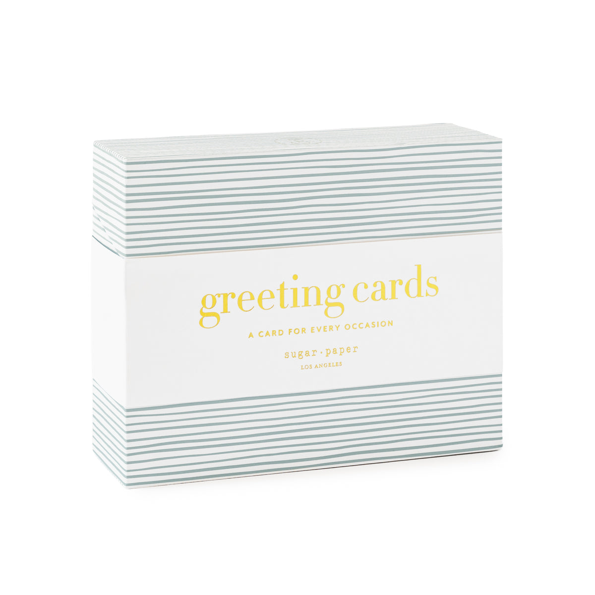Box of assorted greeting cards - blue striped box with white band printed with 'greeting cards a card for every occasion'