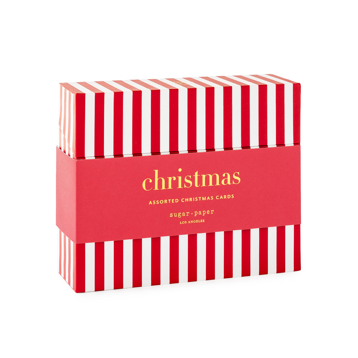A boxed set of Christmas cards featuring a red and white striped box with a red paper band around the middle that reads 'christmas ASSORTED CHRISTMAS CARDS' in gold lettering