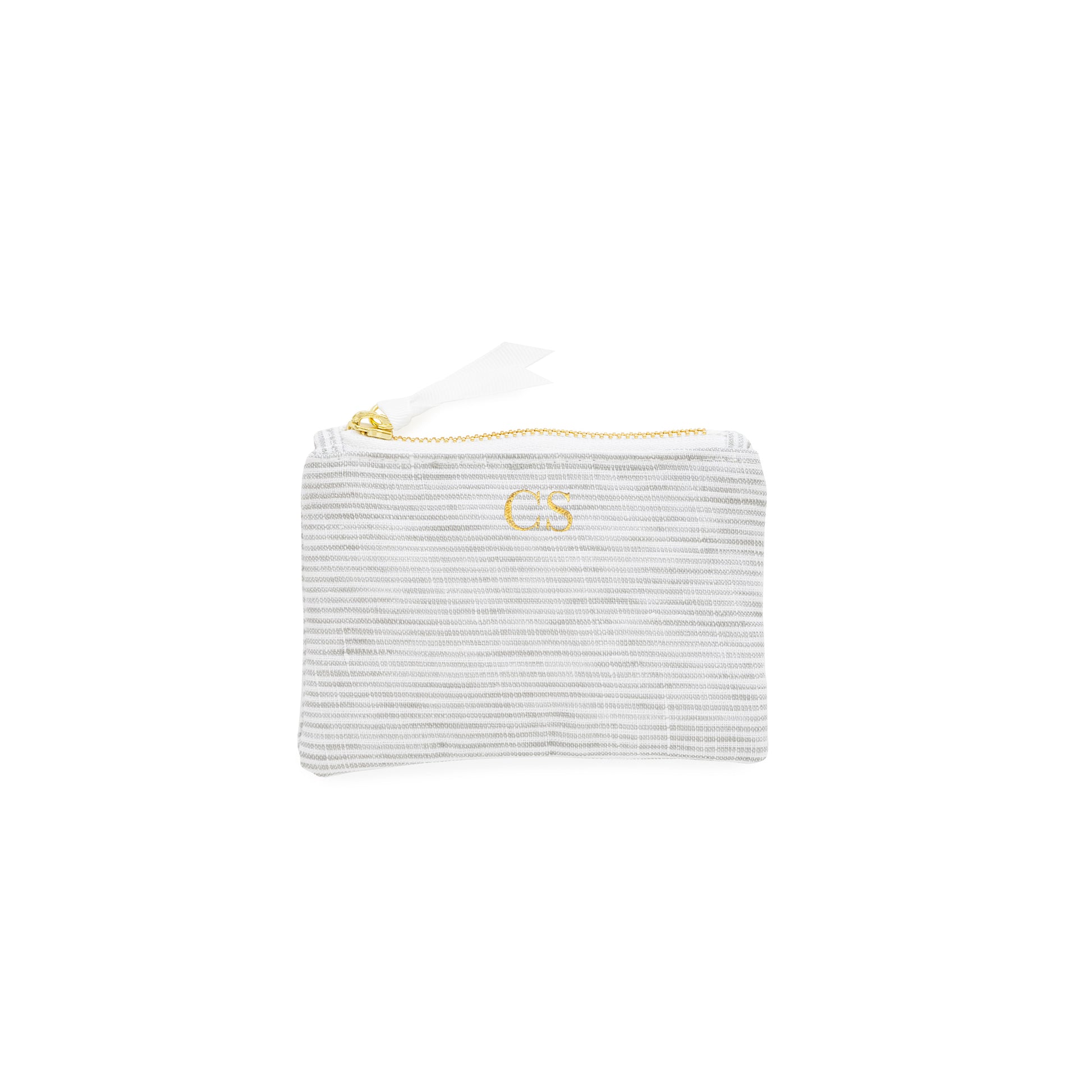 Striped mini pouch with a gold zipper, white ribbon pull, and gold foil initials