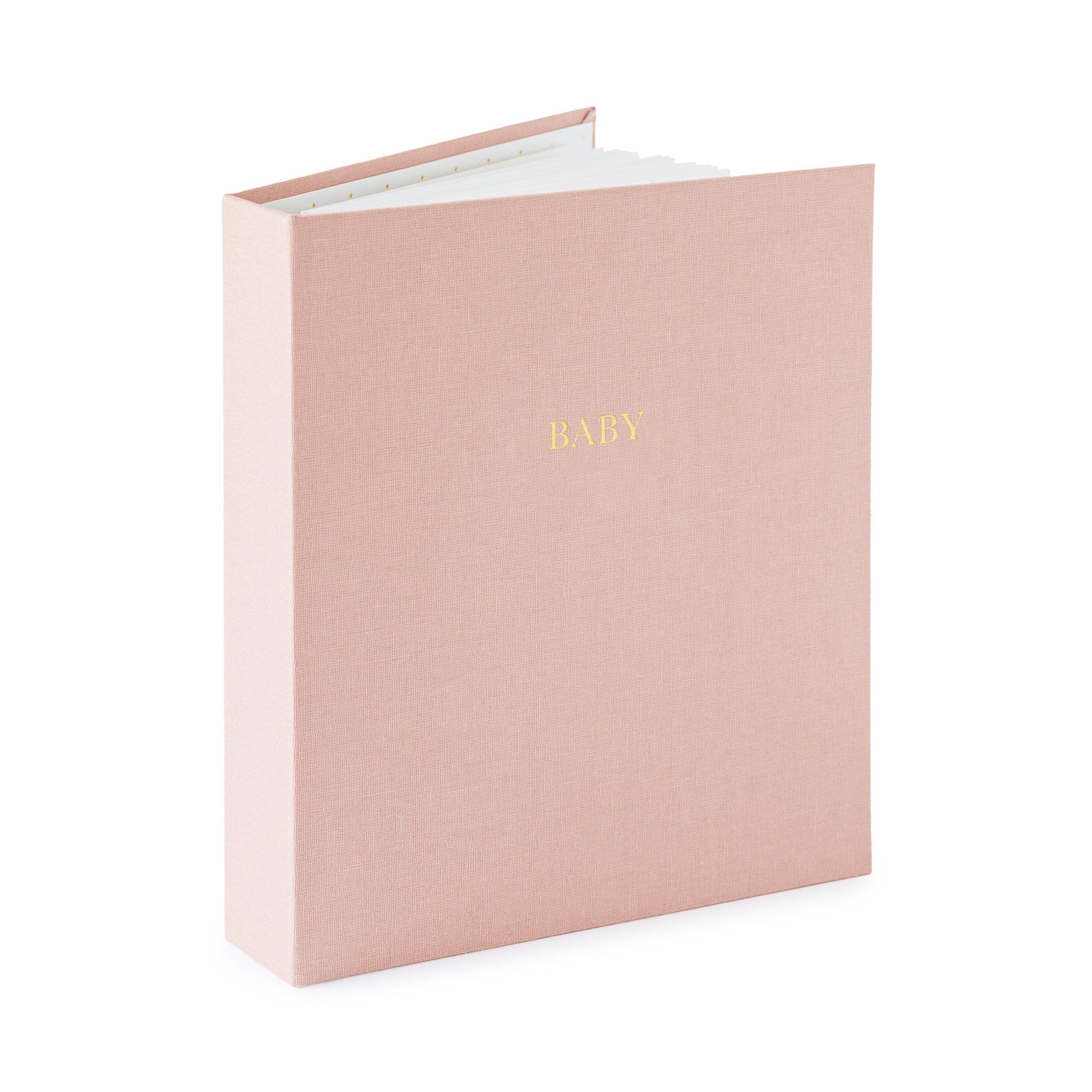 rose fabric baby book book open standing up foil stamped with baby in gold on the cover