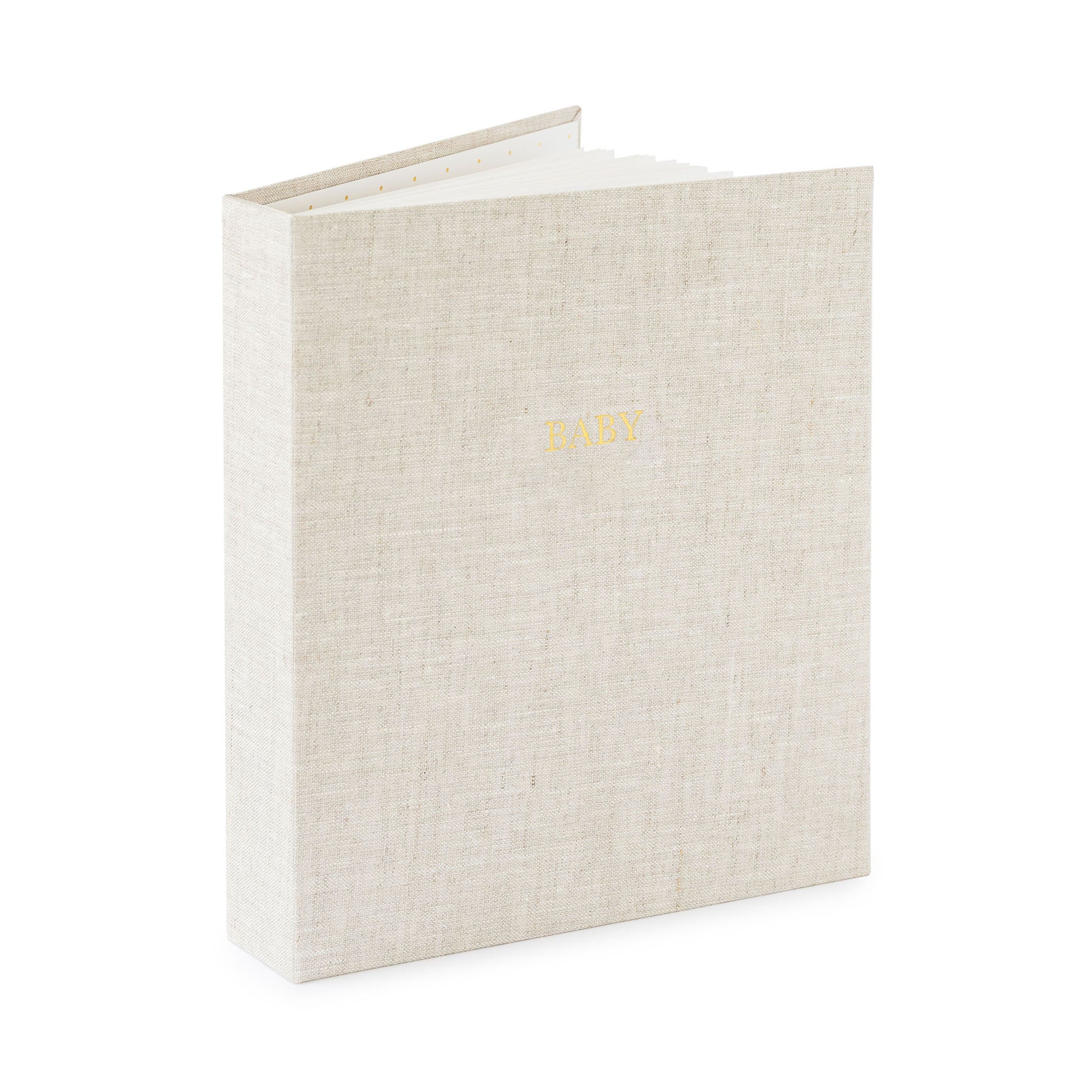 flax fabric baby book book open standing up foil stamped with baby in gold on the cover