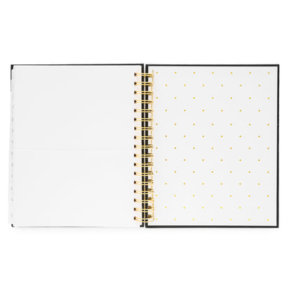Open Spiral Planner with white pocket and gold polka dot interior