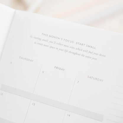 Monthly layout of breathing room planner with this month's focus