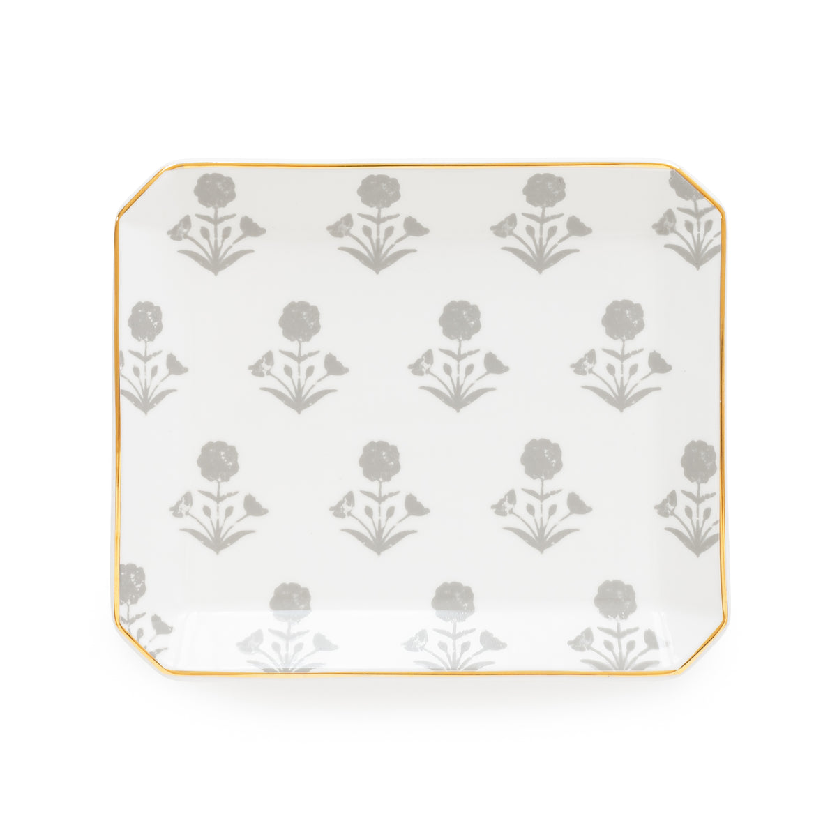 A square white ceramic decorative tray featuring a repeating gray floral pattern and a thin gold border