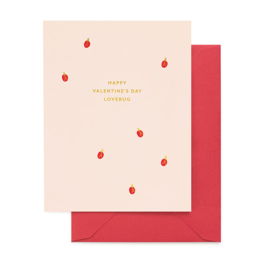 A Valentine's Day greeting card on pale pink paper, small red and gold ladybug illustrations, and gold text reading 'HAPPY VALENTINE'S DAY LOVEBUG,' shown with a red envelope