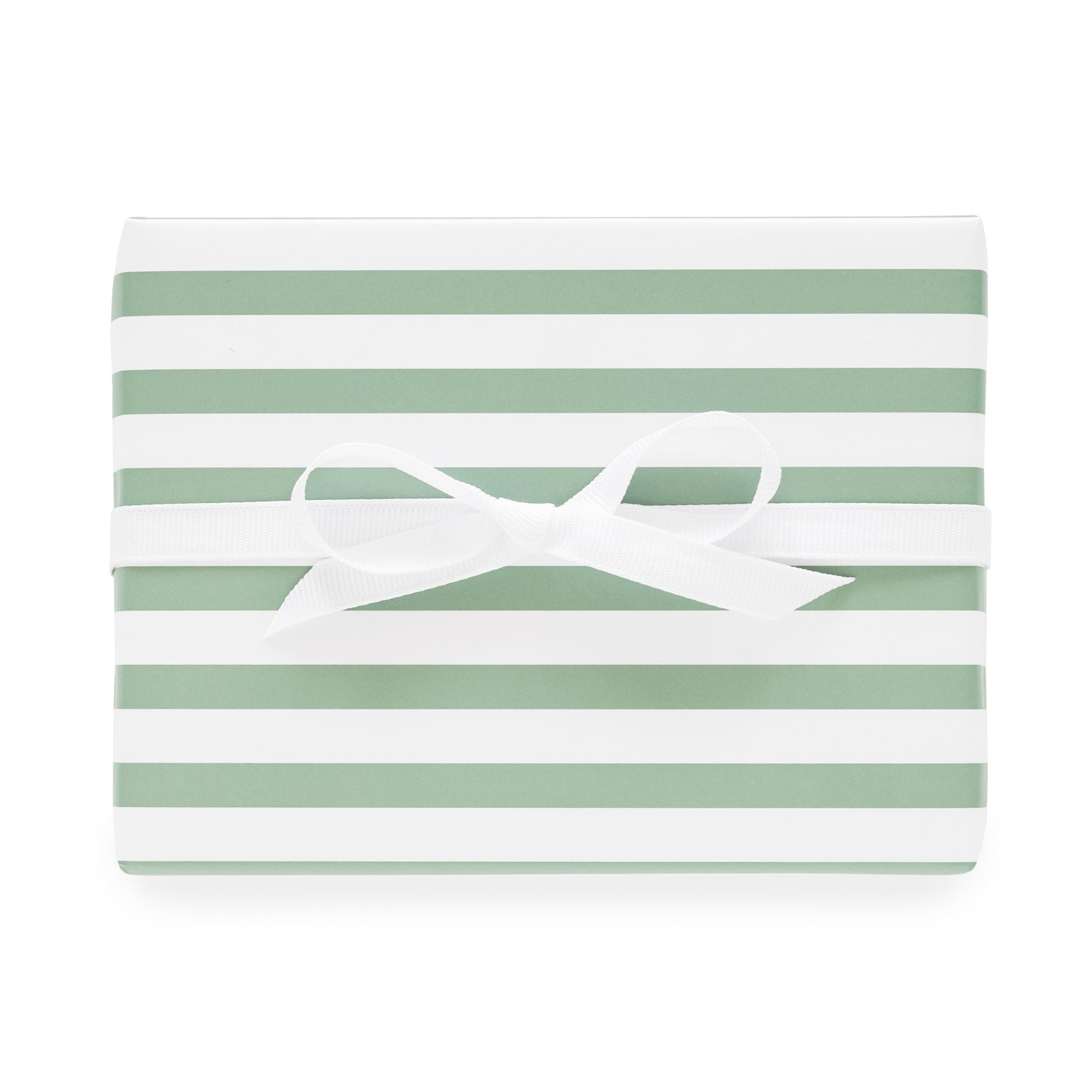 green and white striped gift wrap with white ribbon