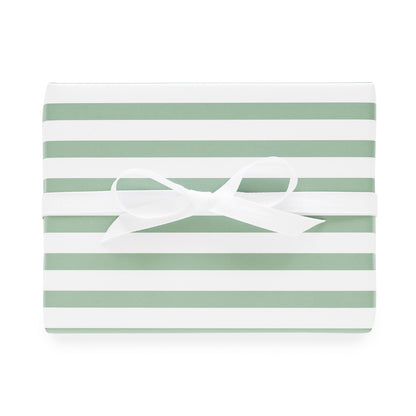 green and white striped gift wrap with white ribbon