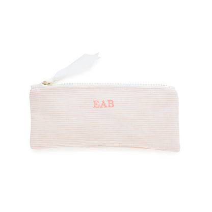 Pink striped pouch with 'EAB' monogram with pink thread