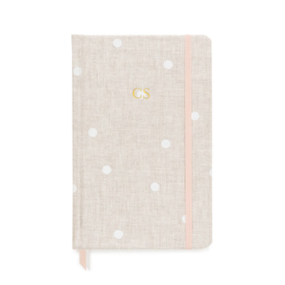 Flax and white dot journal with gold monogram