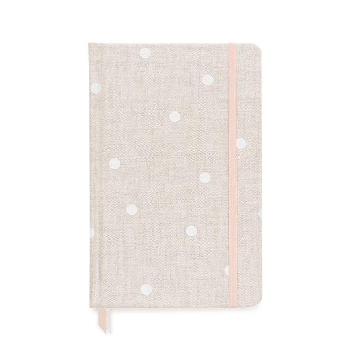 Flax and white dot linen journal with a pink elastic band
