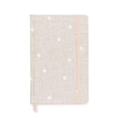 Flax and white dot linen journal with a pink elastic band