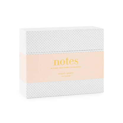 cards for every occasion box, white with black pindot print and pink band with gold foil letterpress