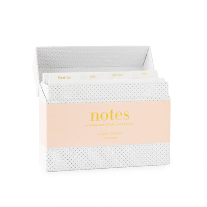 open cards for every occasion box showing interior tabs of thank you, love, birthday, and etc