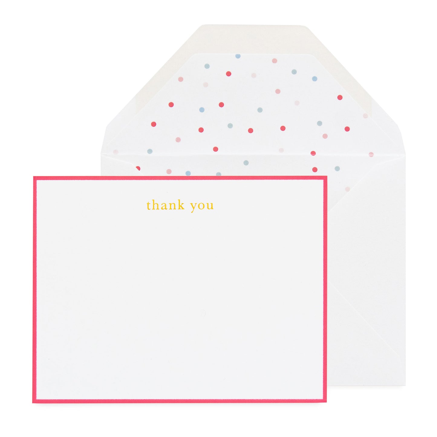 A thank you note card with a neon pink border and the words 'thank you' printed in the center, accompanied by a envelope with a multicolored dot pattern inside.
