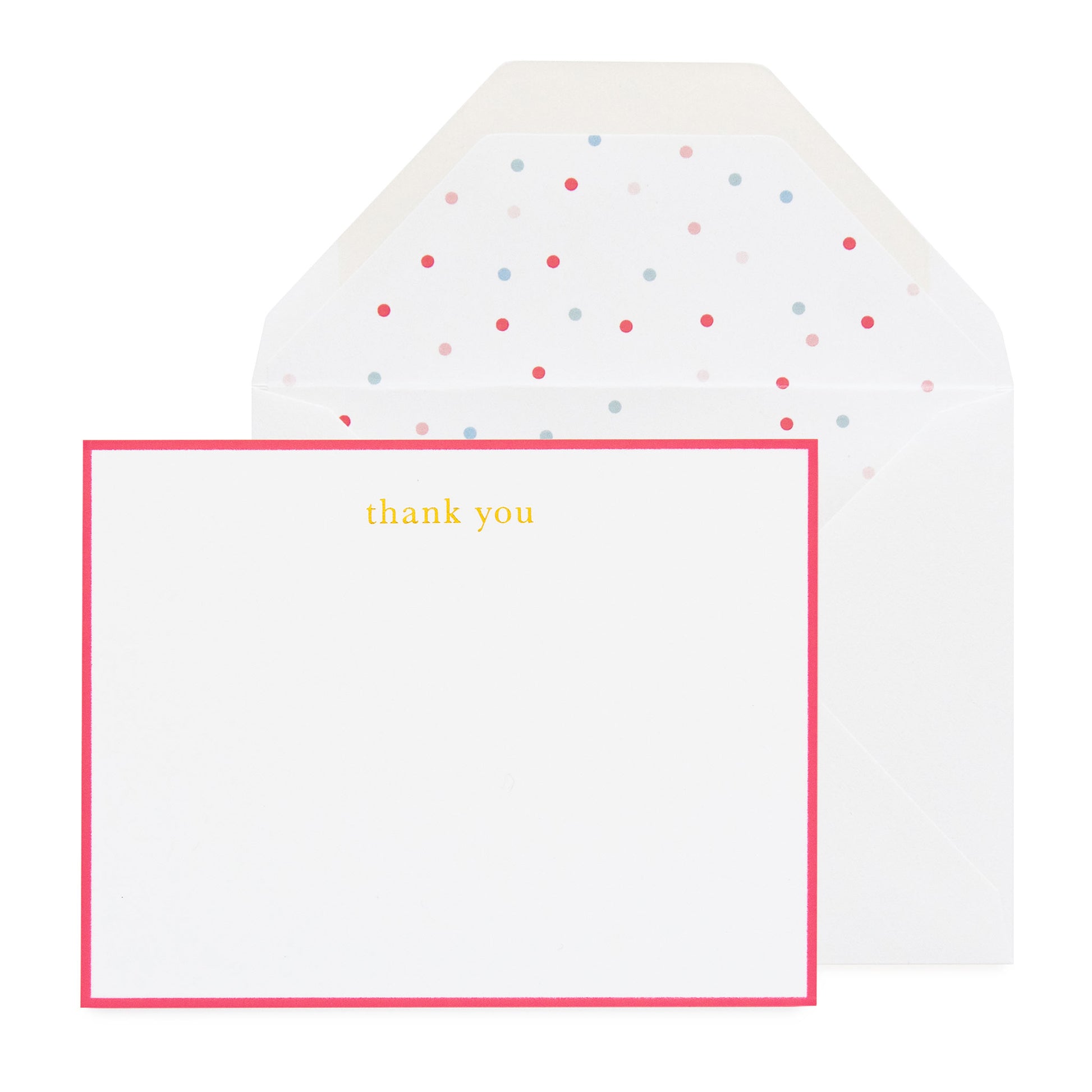 A thank you note card with a neon pink border and the words 'thank you' printed in the center, accompanied by a envelope with a multicolored dot pattern inside.